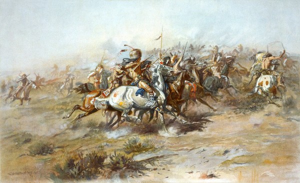 Painting, showing mainly Indians on horseback, confusion, dust and kicking hooves