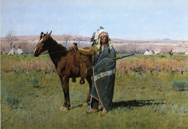 Spotted tail is in a full feather headdress, wrapped in a green blanket with a band of blue and gold decoration, moccasins on his feet.  He holds a brown pony, which looks much too small for him